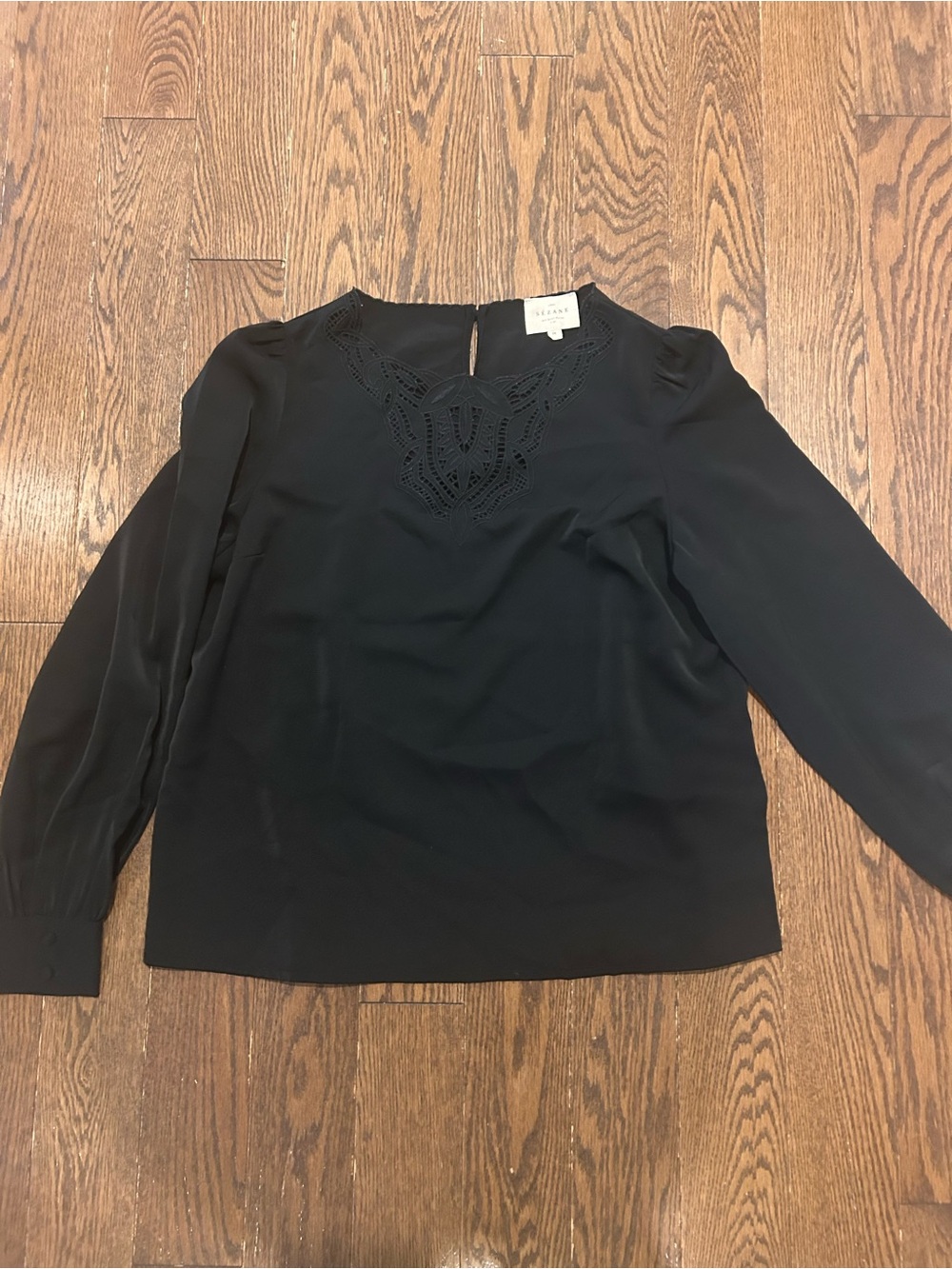 Sezane Black Long-Sleeve Crochet-Yoke Blouse